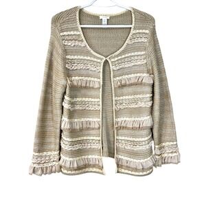 Chicos Ravishing Ruffles‎ Size 2 Beige Knit Cardigan Trim Open Front Neutral Med
